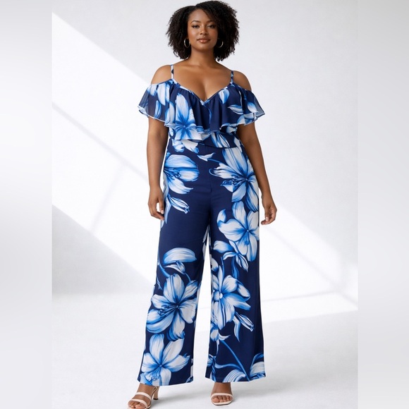 K Jordan Pants - K Jordan Navy Floral Off-Shoulder Wide-Leg Jumpsuit | 2X